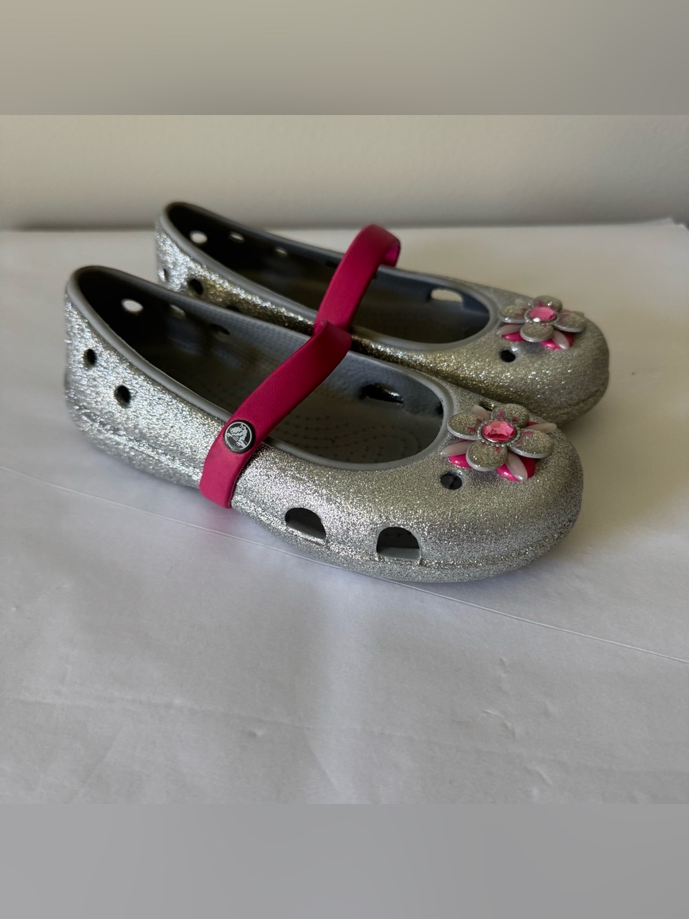 CROCS Size 13 Little Girls Silver Pink Sparkly Mary Jane Sandals Shoes